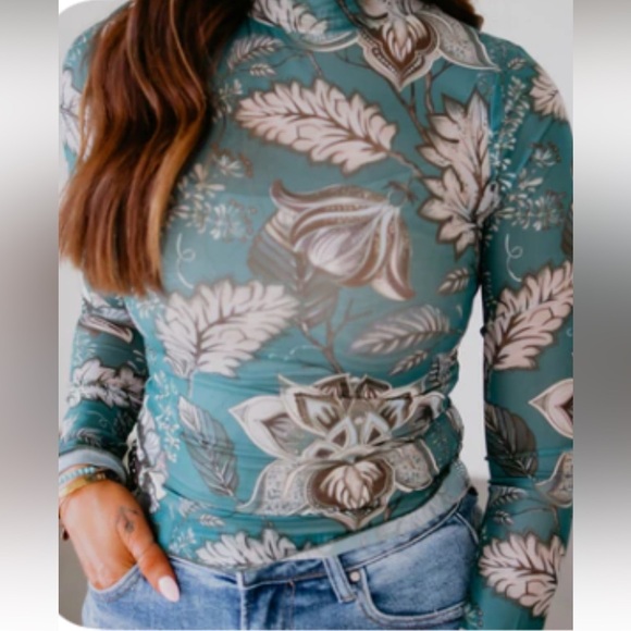 blue b Tops - Blue B Mesh Top Size L Teal Long Sleeve Mock Neck Back Keyhole Button Closure